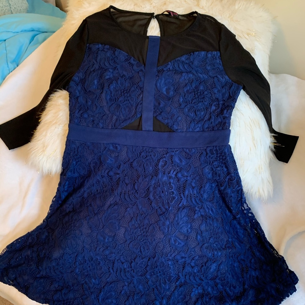 Lace and mesh black and blue fit and flare dress